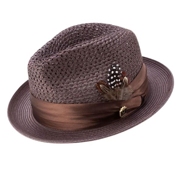 MONTIQUE MEN'S BROWN COLOR PINCH BRAIDED FEDORA WITH MATCHING SATIN RIBBON. H34 - Picture 1 of 1